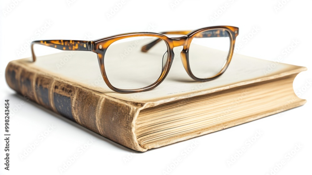 A pair of bedside reading glasses on a book, isolated on a white background A pair of bedside reading glasses on a book, isolated on a white background