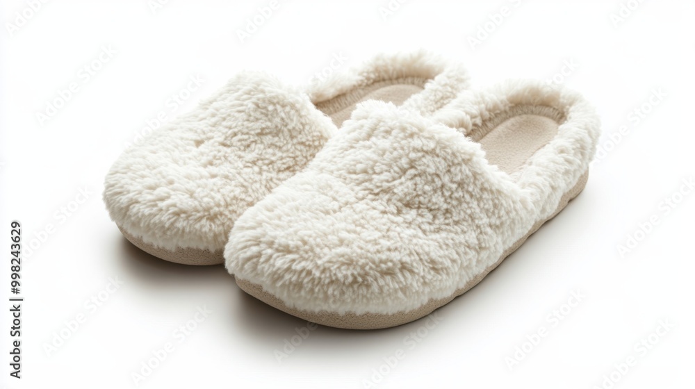 A pair of fluffy bedroom slippers, isolated on a white background A pair of fluffy bedroom slippers, isolated on a white background