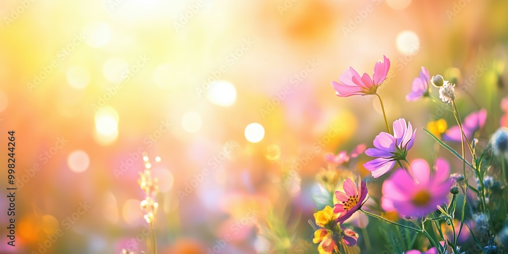 Flower meadow illuminated by sunbeams with a dreamy bokeh background Flower meadow illuminated by sunbeams with a dreamy bokeh background