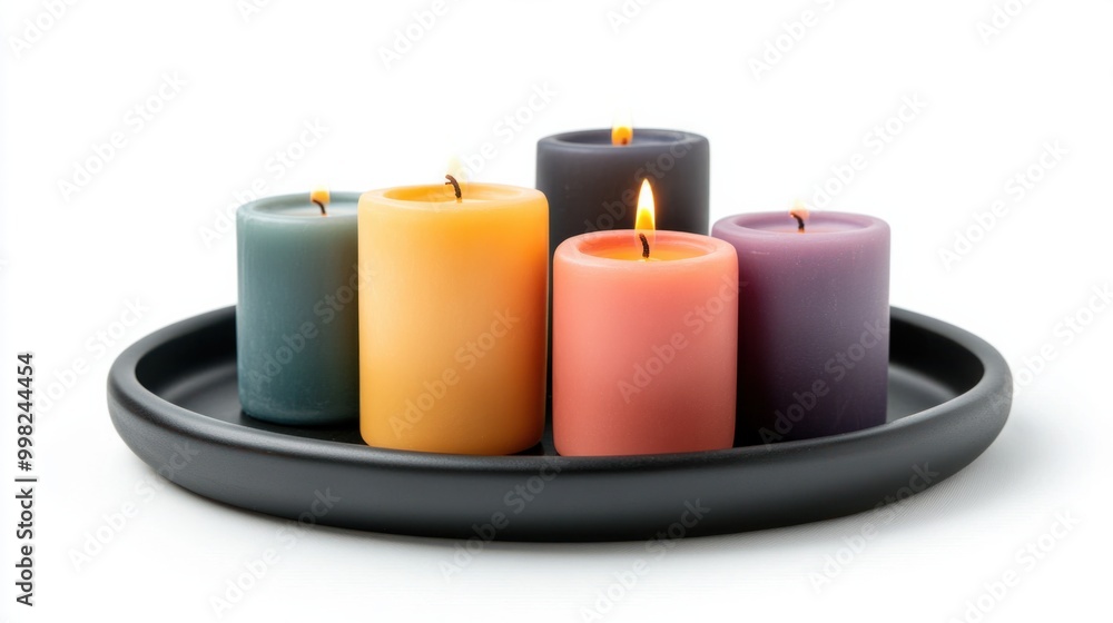 A set of decorative candles on a tray, isolated on a white background A set of decorative candles on a tray, isolated on a white background