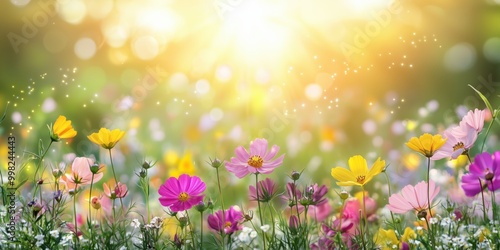 Blooming flower meadow with sparkling lights and sunbeams