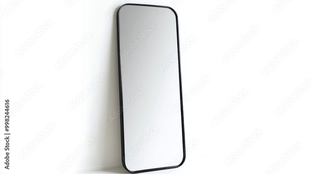 A sleek floor mirror with a black frame, isolated on a white background A sleek floor mirror with a black frame, isolated on a white background