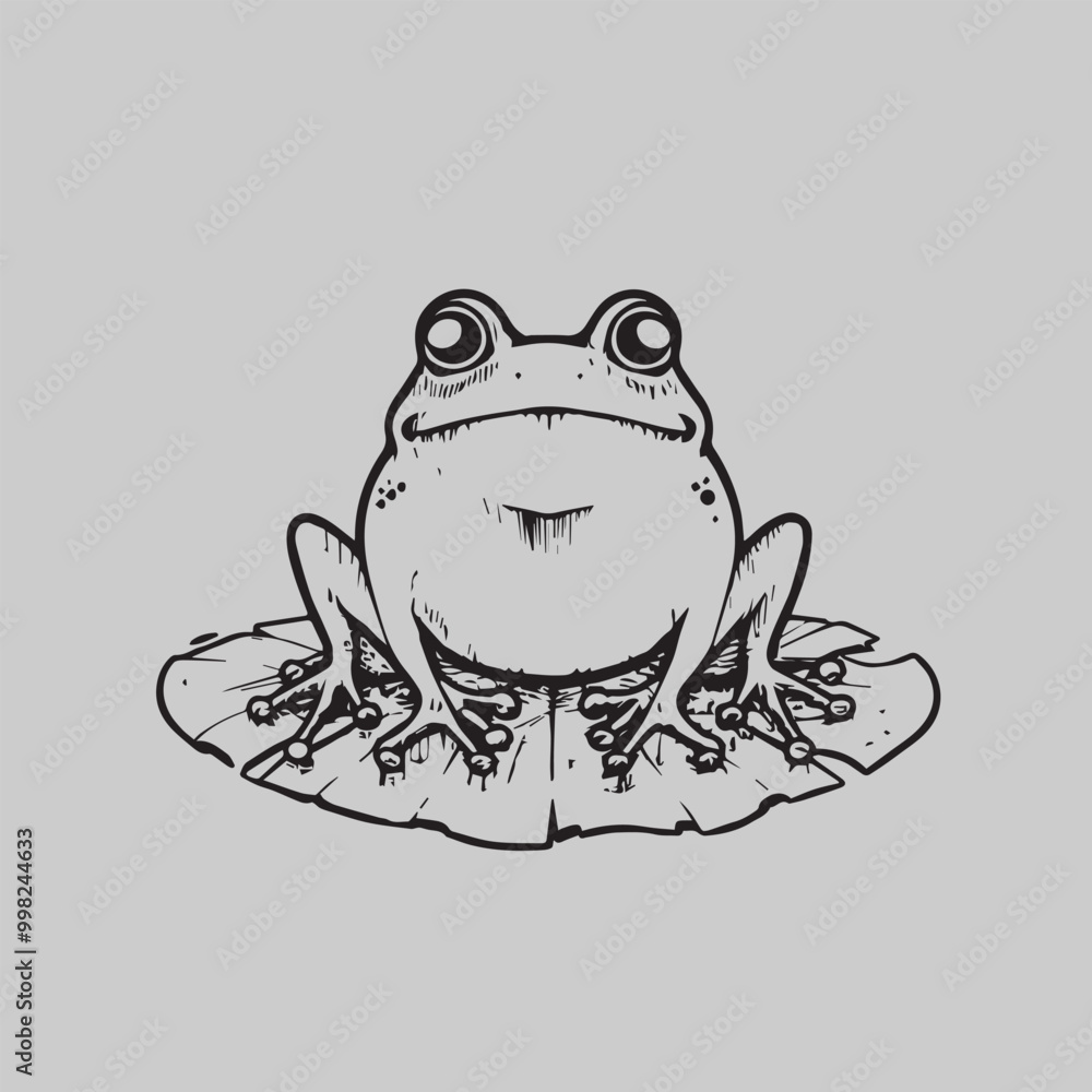 Happy Frog on Lily Pad: Charming line art illustration of a cheerful frog perched on a lily pad, perfect for children's books, nature-themed designs, and whimsical projects. Happy Frog on Lily Pad: Charming line art illustration of a cheerful frog perched on a lily pad, perfect for children's books, nature-themed designs, and whimsical projects.