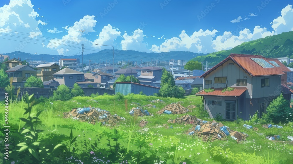 A scenic view of a suburban neighborhood with a house in the foreground, surrounded by lush greenery and a blue sky. A scenic view of a suburban neighborhood with a house in the foreground, surrounded by lush greenery and a blue sky.