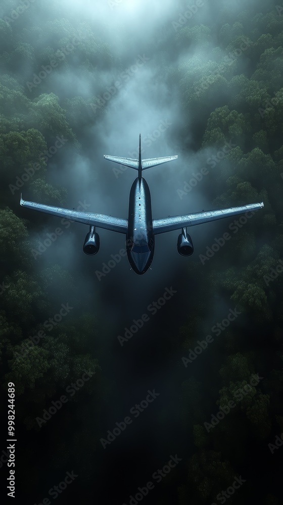 Aerial view of an airplane flying through a misty jungle, showcasing nature and technology in harmony. Aerial view of an airplane flying through a misty jungle, showcasing nature and technology in harmony.