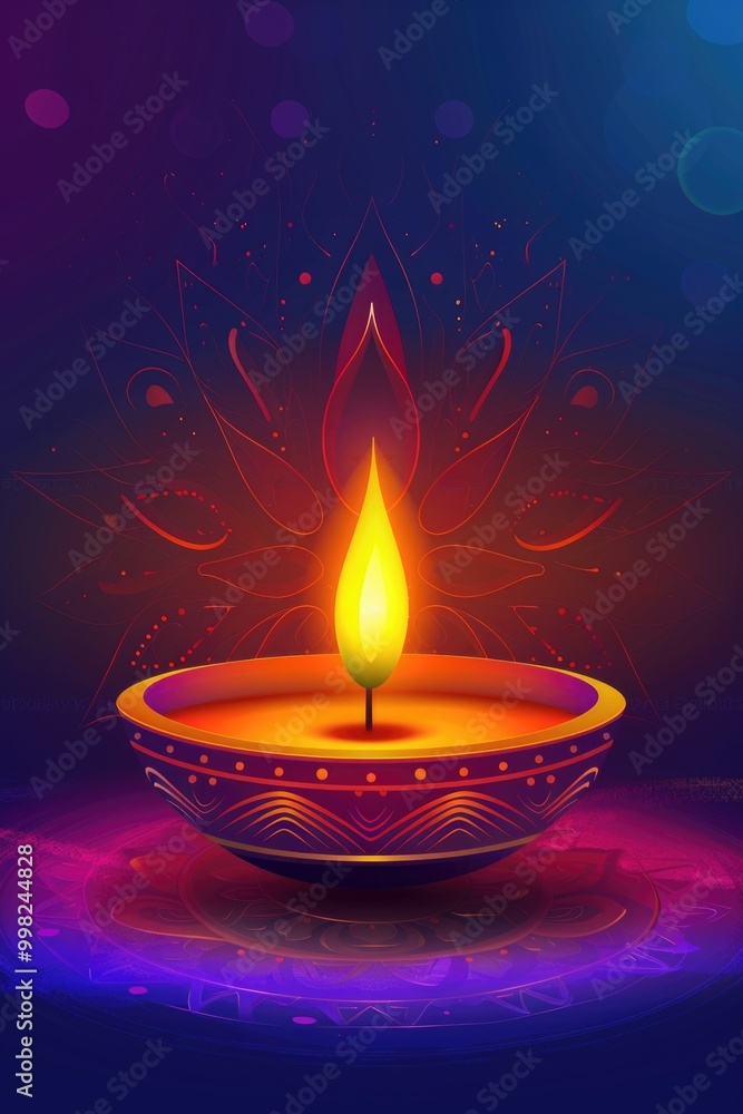 A lit oil lamp against a vibrant background A lit oil lamp against a vibrant background