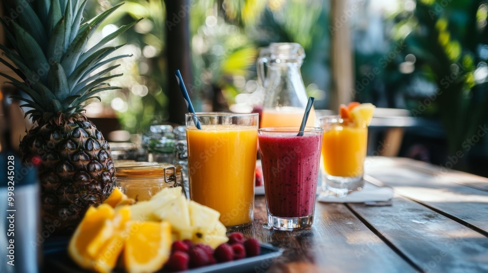 A lively outdoor scene featuring a table adorned with various fruit smoothies, including orange, pineapple, and berry blends, inviting guests to enjoy a fruity refreshment. A lively outdoor scene featuring a table adorned with various fruit smoothies, including orange, pineapple, and berry blends, inviting guests to enjoy a fruity refreshment.