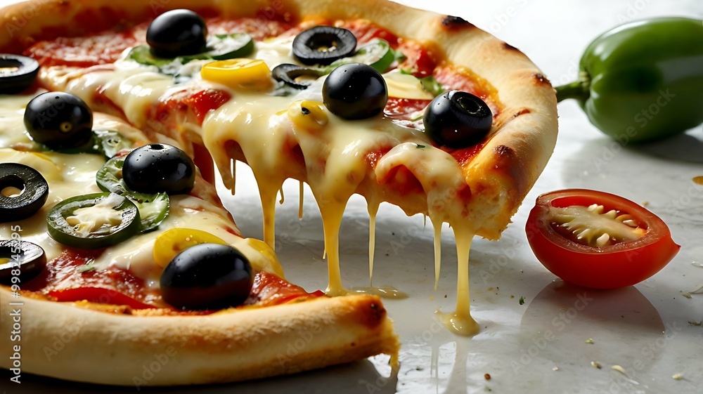 Close-up top View of Italian Traditional Neapolitan, Pepperoni, Margaritas Hot Pizza with mozzarella cheese, and tomato sauce.