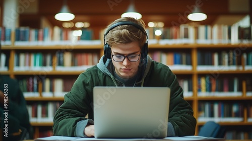 Young man with headphones and laptop intently studying or researching in a library setting surrounded by bookshelves full of knowledge