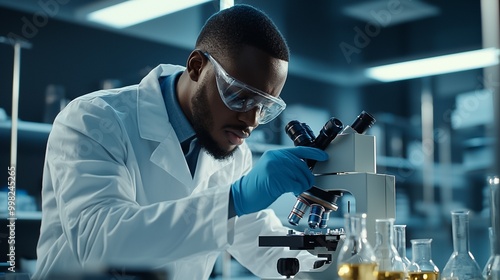 Focused Scientist Examining Sample Under Microscope in Modern Laboratory Researcher Conducting Experiment Analyzing Data Investigating Scientific Findings in a High Tech Research Facility