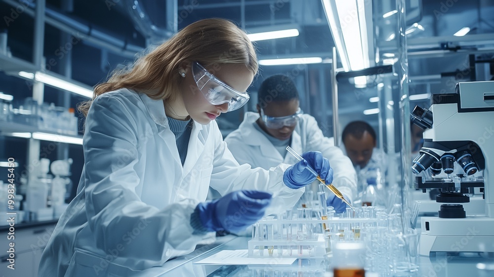Group of professional scientists working together in a state of the art research laboratory performing scientific experiments and analysis using advanced equipment and technology to drive innovation