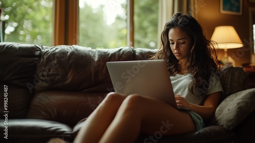 Free Download Woman using laptop on comfortable leather couch in modern living room  Relaxing and working from home in casual and cozy setting - GFXLoad