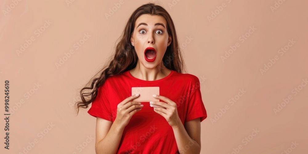 A woman holds a piece of paper while wearing a bright red shirt, possibly waiting for news or receiving important information A woman holds a piece of paper while wearing a bright red shirt, possibly waiting for news or receiving important information