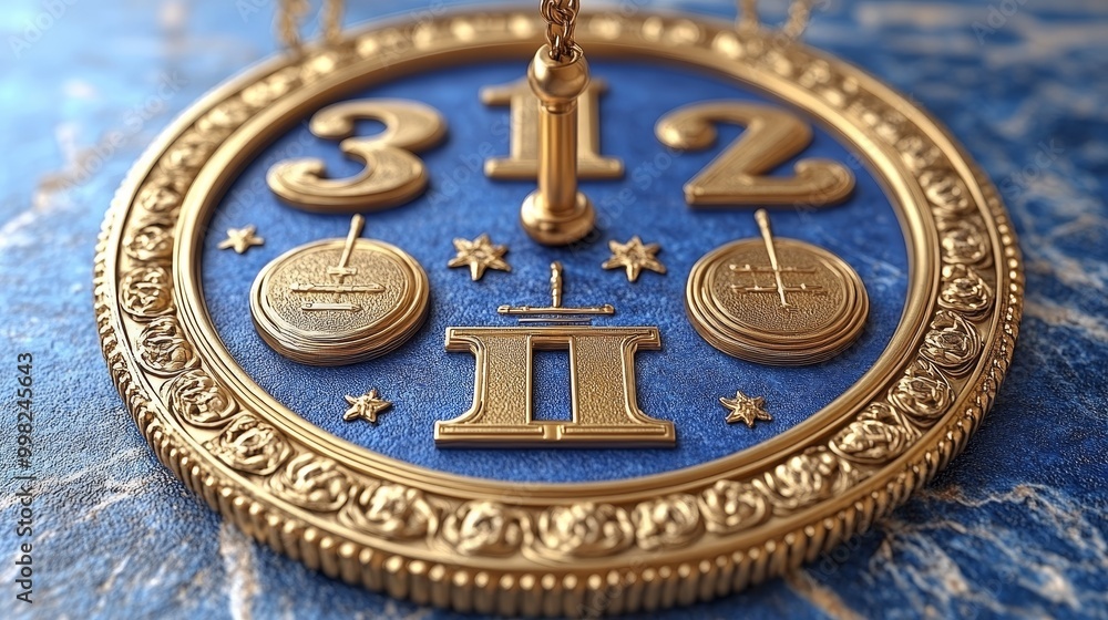 Obraz premium Close-up of a decorative clock face showcasing intricate gold details and a unique blue background, capturing timeless elegance.