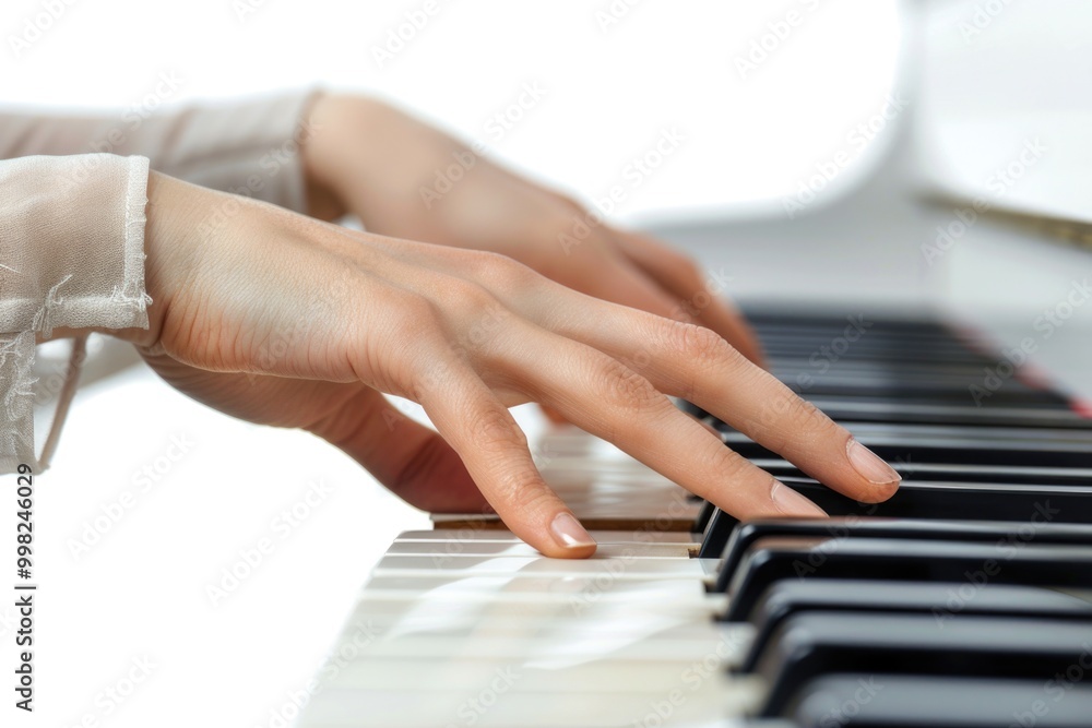 Fototapeta premium A close-up shot of a person playing the piano, showing the musician's hands and facial expression