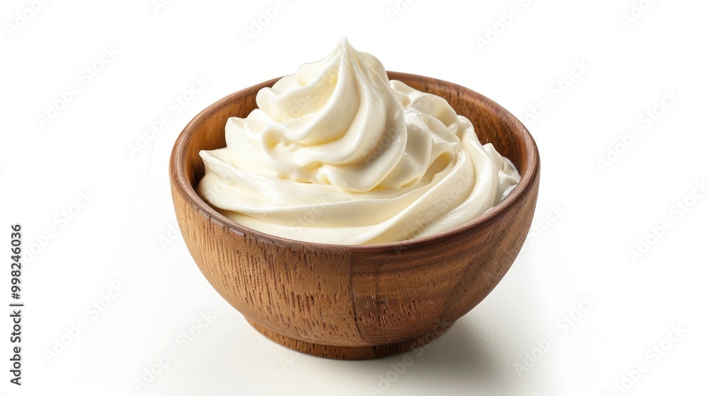 A wooden bowl filled with creamy whipped topping, ready for dessert or decoration A wooden bowl filled with creamy whipped topping, ready for dessert or decoration
