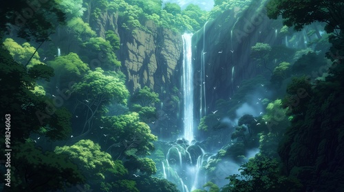 A serene waterfall cascades down a rocky cliff, surrounded by lush green foliage and a misty atmosphere.