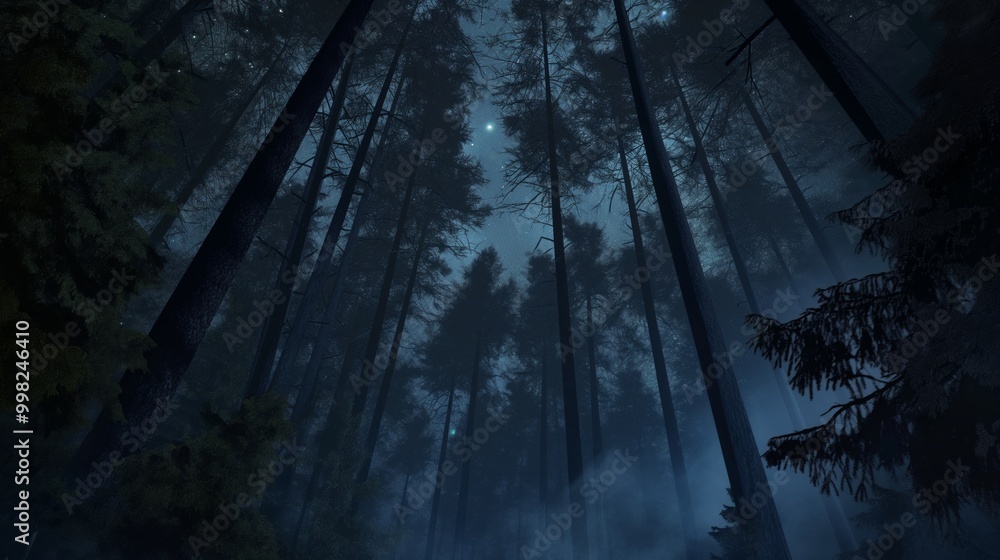 Fototapeta premium A low angle view of a dark, foggy forest at night, with tall trees reaching up to a moonlit sky.
