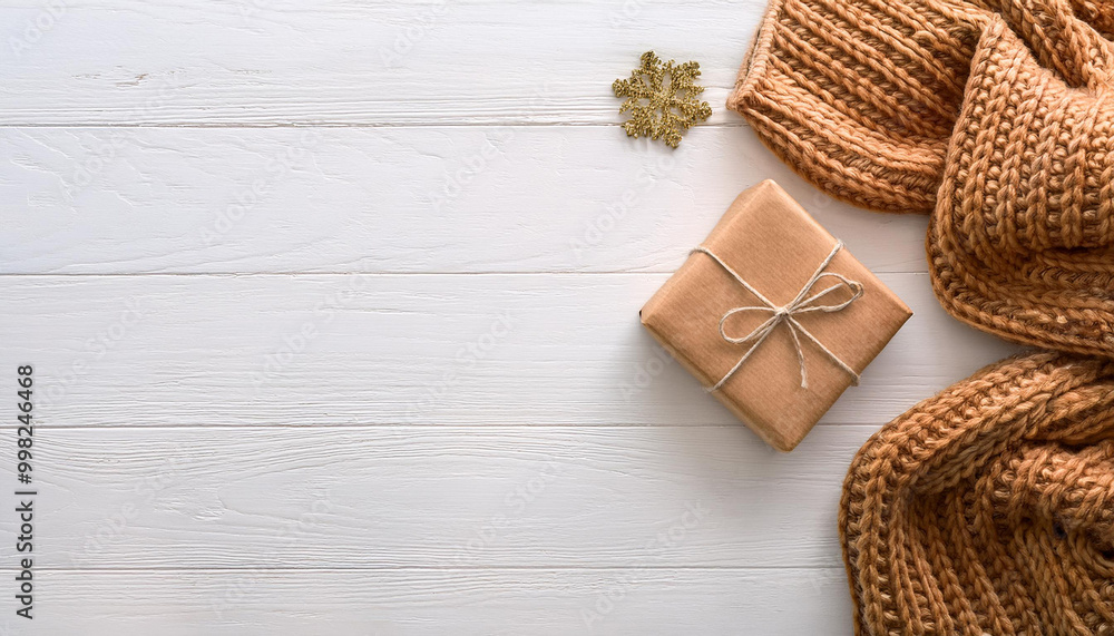 Autumn composition. Feminine desk table with knitted scarf and gift box on wooden white background. Flat lay, top view. Nordic, hygge, cozy home concept Autumn composition. Feminine desk table with knitted scarf and gift box on wooden white background. Flat lay, top view. Nordic, hygge, cozy home concept