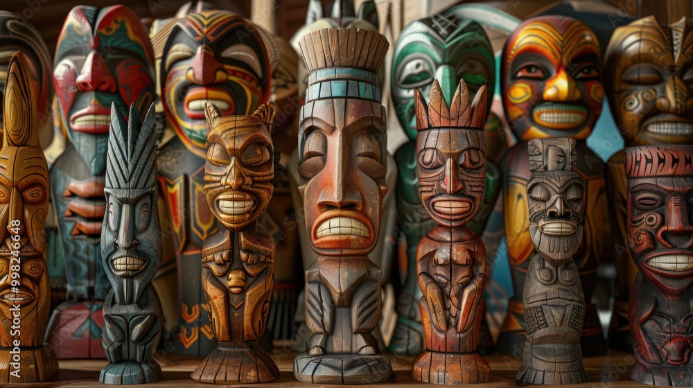 Row of intricately carved wooden totems displayed on a shelf, perfect for decorative or cultural context Row of intricately carved wooden totems displayed on a shelf, perfect for decorative or cultural context