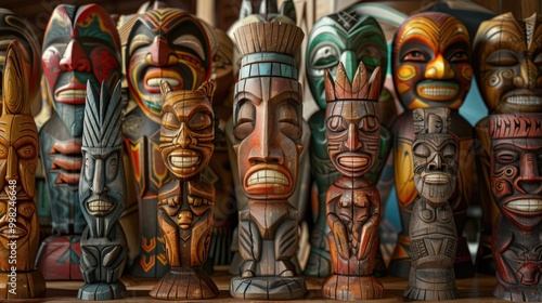 Row of intricately carved wooden totems displayed on a shelf, perfect for decorative or cultural context