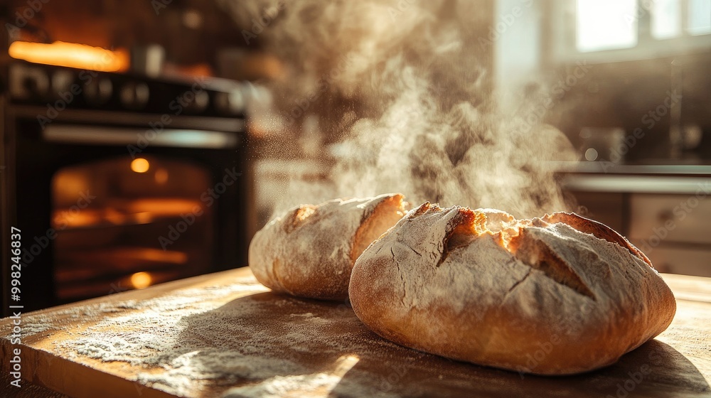© วรรณภา มะโนศรี - A picturesque shot of freshly baked bread coming out of the oven, with steam wafting up and a rustic kitchen setting, capturing the essence of baking at home