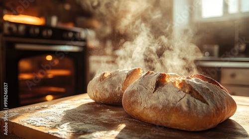 A picturesque shot of freshly baked bread coming out of the oven, with steam wafting up and a rustic kitchen setting, capturing the essence of baking at home