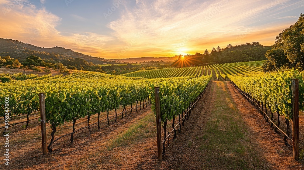 Naklejka premium A picturesque southern vineyard bathed in soft evening light, with rows of grapevines leading toward a stunning sunset, capturing the essence of wine country.