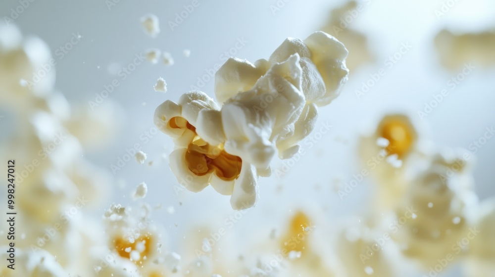 Obraz premium A Single Popcorn Kernel Floating in Mid-Air with Other Blurred Kernels in the Background