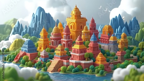 Colorful fantasy castle set within a vibrant landscape with mountains and clouds, ideal for imaginative storytelling.