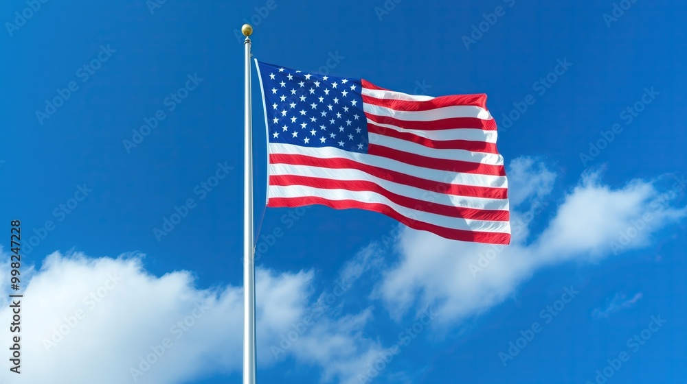 Naklejka premium flagpole with USA flag against blue day sky with white clouds