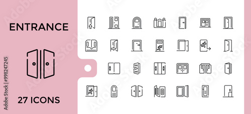 Entrance line icon collection, Open door, Building entry, Emergency exit. Closed doorway, Doorframe and more outline icons set. editable stroke and pixel perfect.