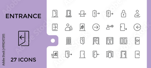 Entrance line icon collection, Open door, Building entry, Emergency exit. Closed doorway, Doorframe and more outline icons set. editable stroke and pixel perfect.