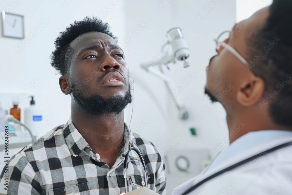 A man in a checkered shirt discusses his health with a doctor A man in a checkered shirt discusses his health with a doctor
