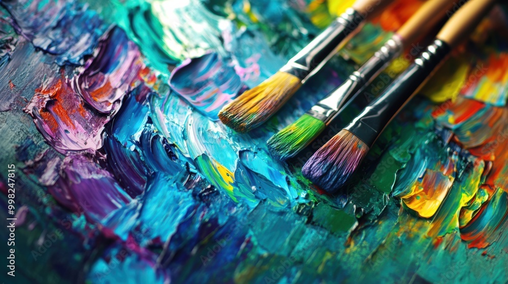 Bright paint splashes and artistic brushstrokes create a colorful scene on a canvas in a sunlit artist's studio space. Generative AI Bright paint splashes and artistic brushstrokes create a colorful scene on a canvas in a sunlit artist's studio space. Generative AI