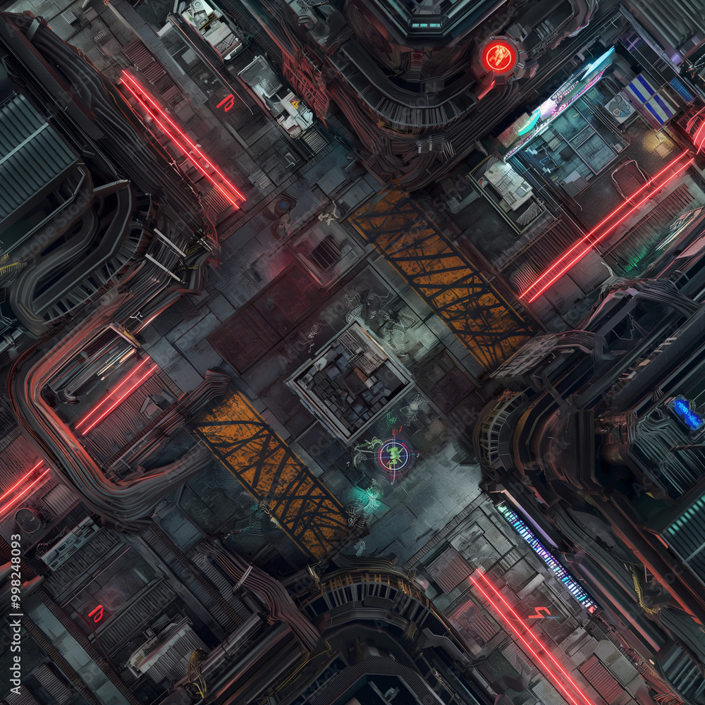Neon-Lit Cyberpunk Battle Map for DnD, Top-Down View RPG Map for Futuristic Urban Adventures, Sci-Fi City Background for Virtual Tabletop Play, High-Tech Digital Asset for Role-Playing Game Campaigns Neon-Lit Cyberpunk Battle Map for DnD, Top-Down View RPG Map for Futuristic Urban Adventures, Sci-Fi City Background for Virtual Tabletop Play, High-Tech Digital Asset for Role-Playing Game Campaigns