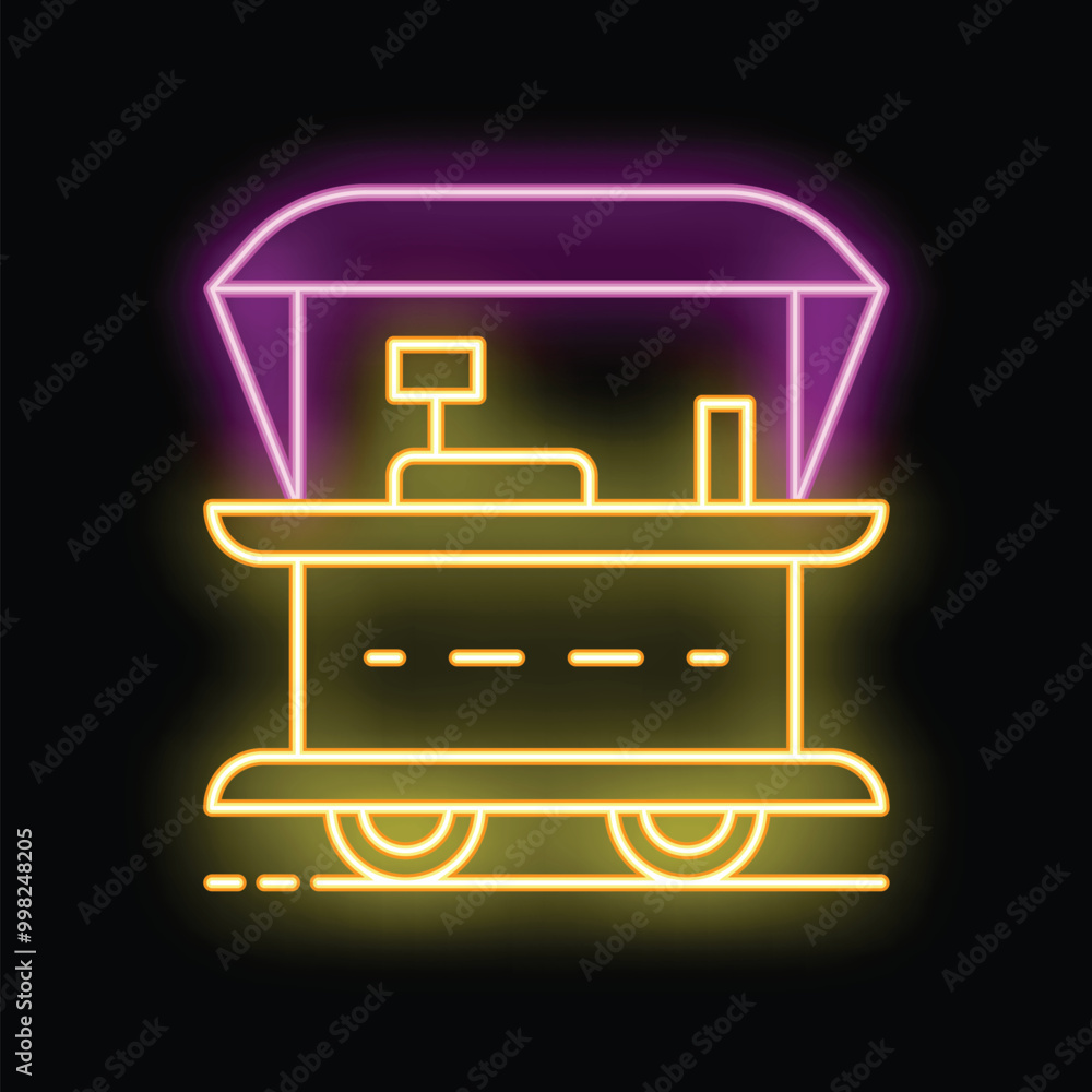 Bright neon street food cart with awning glowing on dark background, fast food mobile cafe concept Bright neon street food cart with awning glowing on dark background, fast food mobile cafe concept