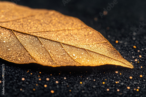 Golden Leaf with Glitter on Black Background Macro Shot photo