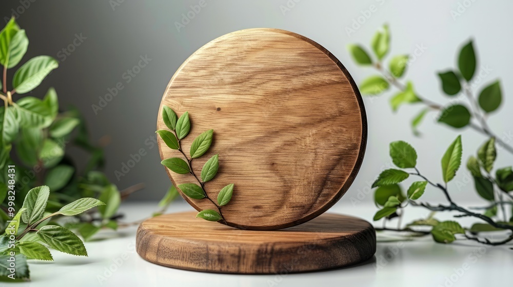 The image depicts a minimalist scene with a wooden round scene placed on a light surface. The image depicts a minimalist scene with a wooden round scene placed on a light surface.
