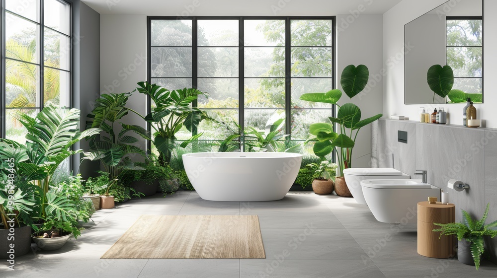Modern minimalist bathroom with white wall hung bidet and toilet on gray ceramic tile flooring Modern minimalist bathroom with white wall hung bidet and toilet on gray ceramic tile flooring