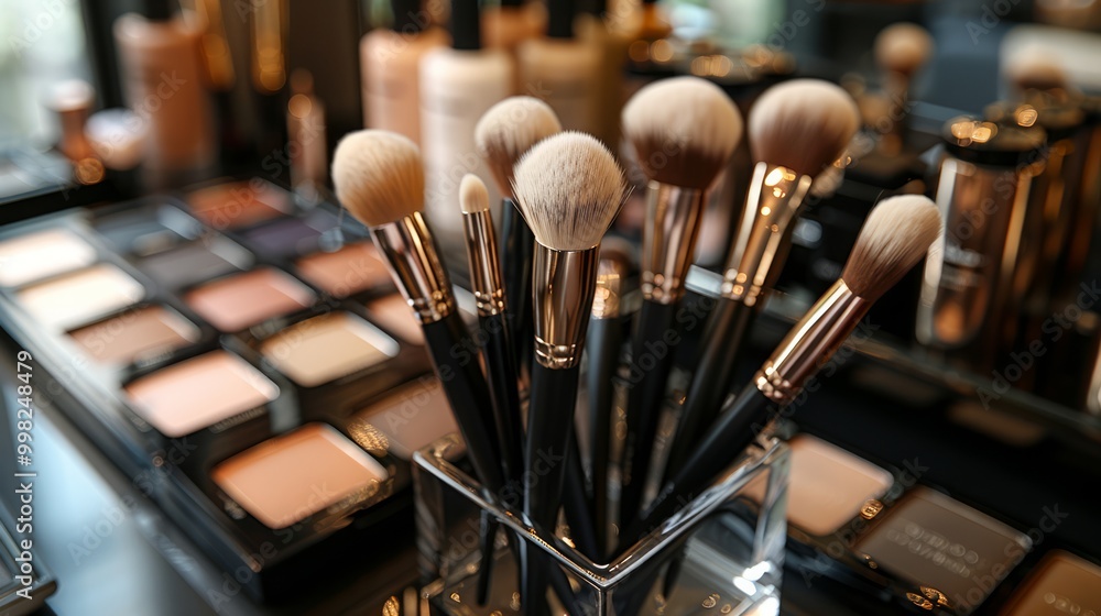 The image shows a collection of makeup brushes in a clear glass container, surrounded by various makeup products. The image shows a collection of makeup brushes in a clear glass container, surrounded by various makeup products.