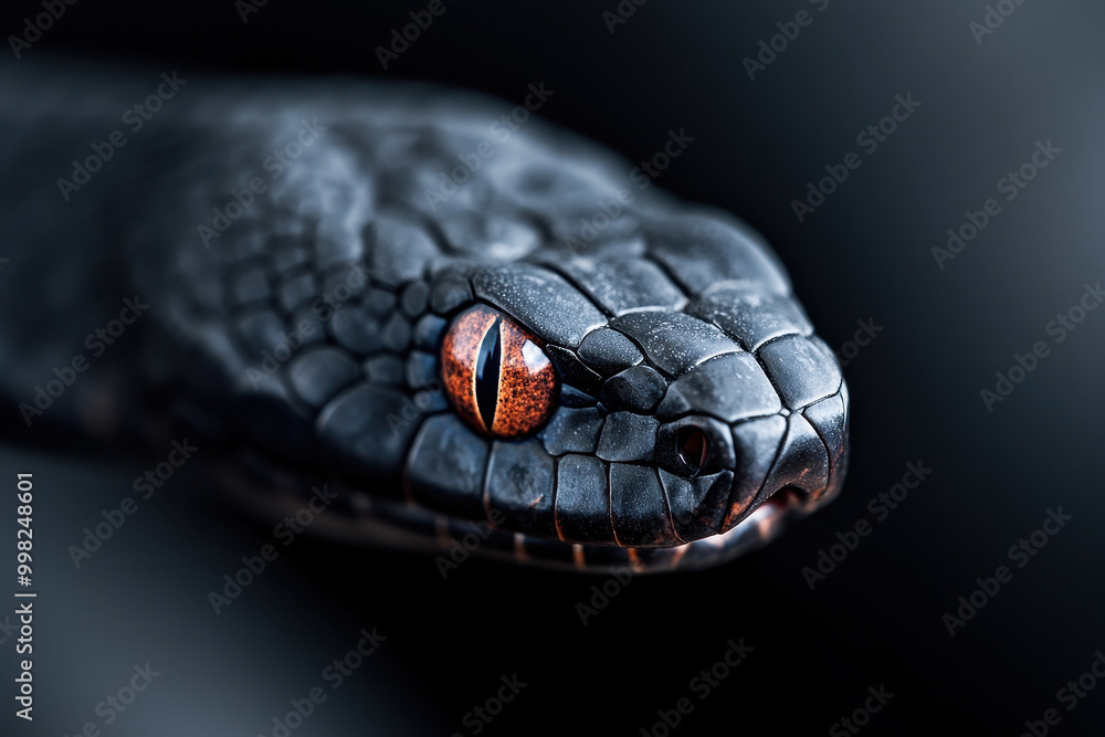 Fototapeta premium Close-up of Black Viper Snake with Intense Orange Eyes on Dark Background