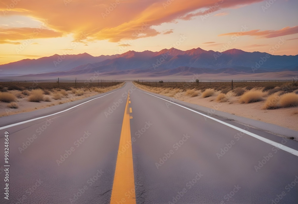 Naklejka premium Empty asphalt road with white lane markings, surrounded by a dramatic sky with orange and yellow sunset colors, and distant mountains in the background
