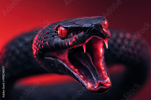 Black Viper Snake Close-Up with Red Dramatic Lighting photo