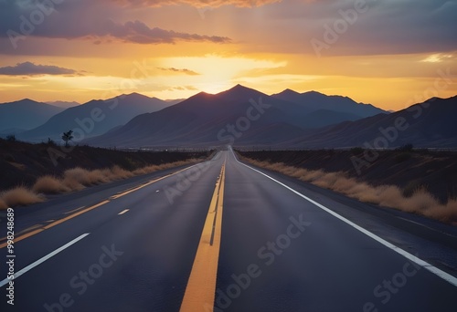 Empty asphalt road with white lane markings, surrounded by a dramatic sky with orange and yellow sunset colors, and distant mountains in the background