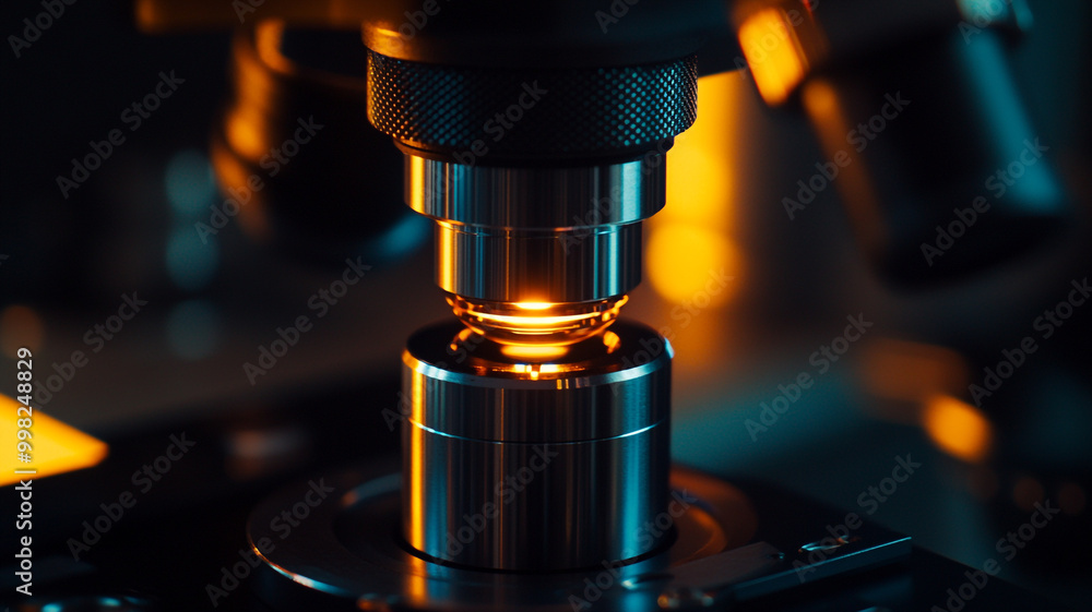 Illuminated microscope lens revealing intricate details of a specimen in a laboratory setting Illuminated microscope lens revealing intricate details of a specimen in a laboratory setting