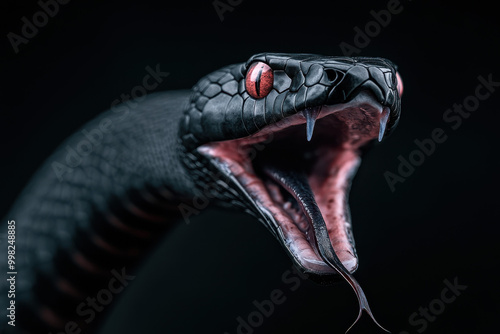 Close-Up of Black Snake with Open Mouth on Dark Background photo