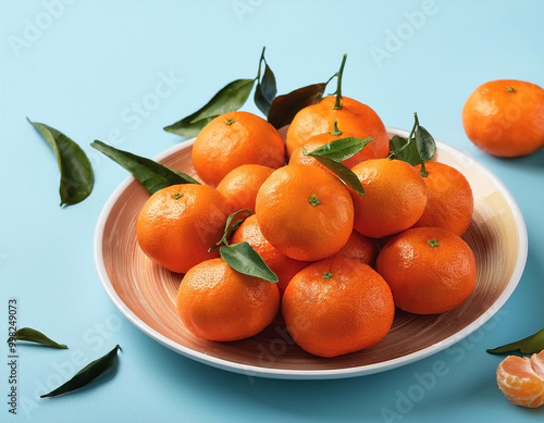 A plate of fresh mandarin oranges on a pastel blue background