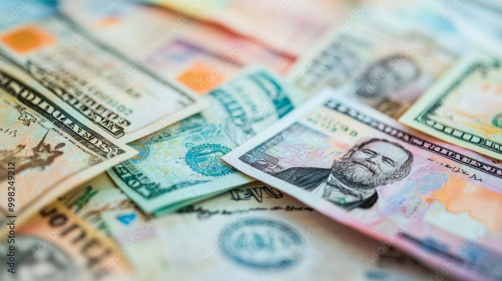 Close-up of currency from around the world. Banknotes collection from various countries Close-up of currency from around the world. Banknotes collection from various countries