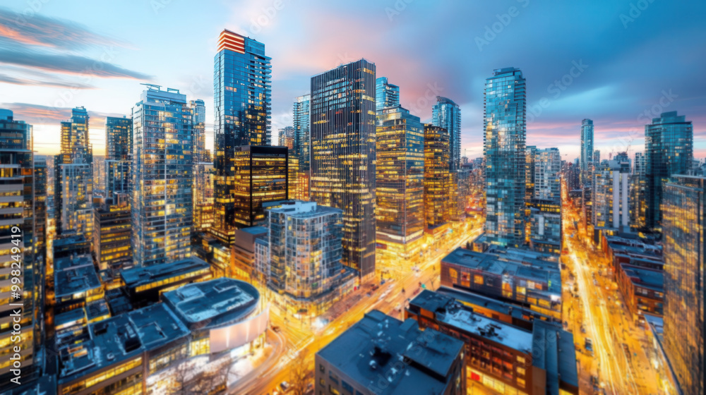 Fototapeta premium Blue hour sky with city lights starting to twinkle, perfect for capturing the calm and serene transition from day to night in urban settings.